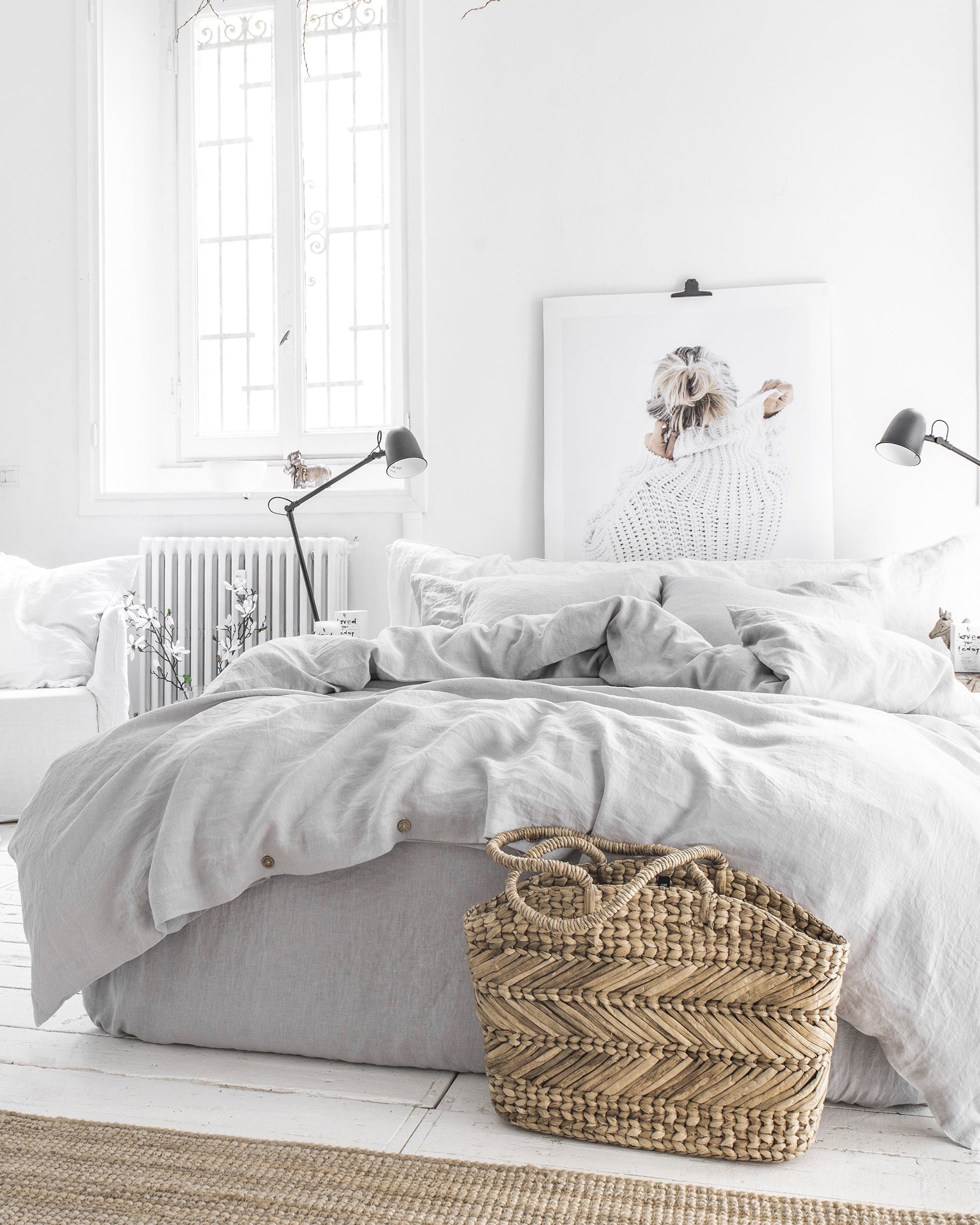 linen duvet in soft gray farmhouse bedroom setup