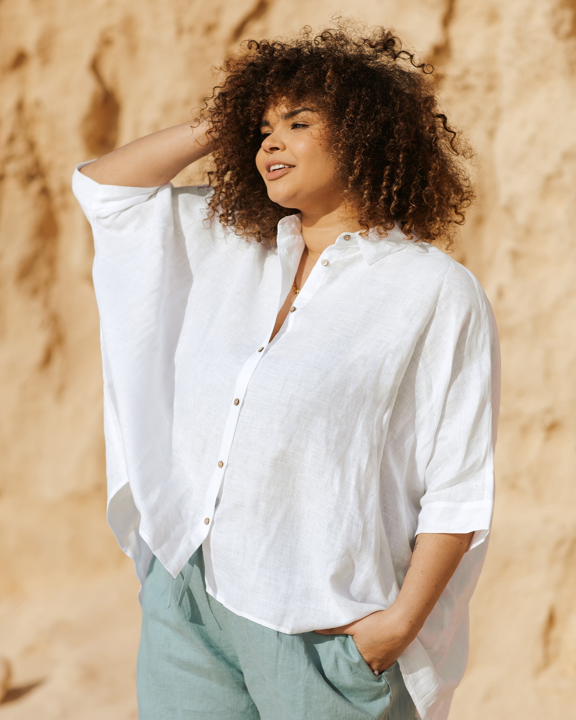 Plus size 2024 white linen shirt