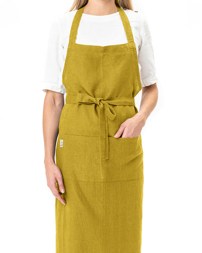 Linen bib apron in Moss yellow - MagicLinen