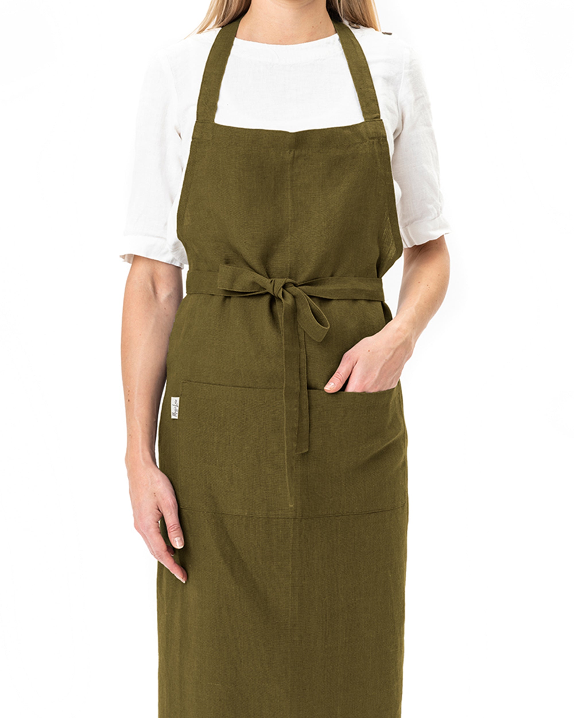 Olive Green Linen Apron with pockets, orders long