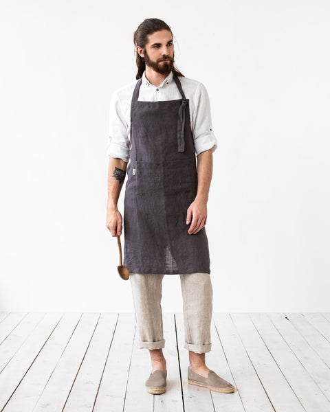 Antique French dark grey linen apron with bib online