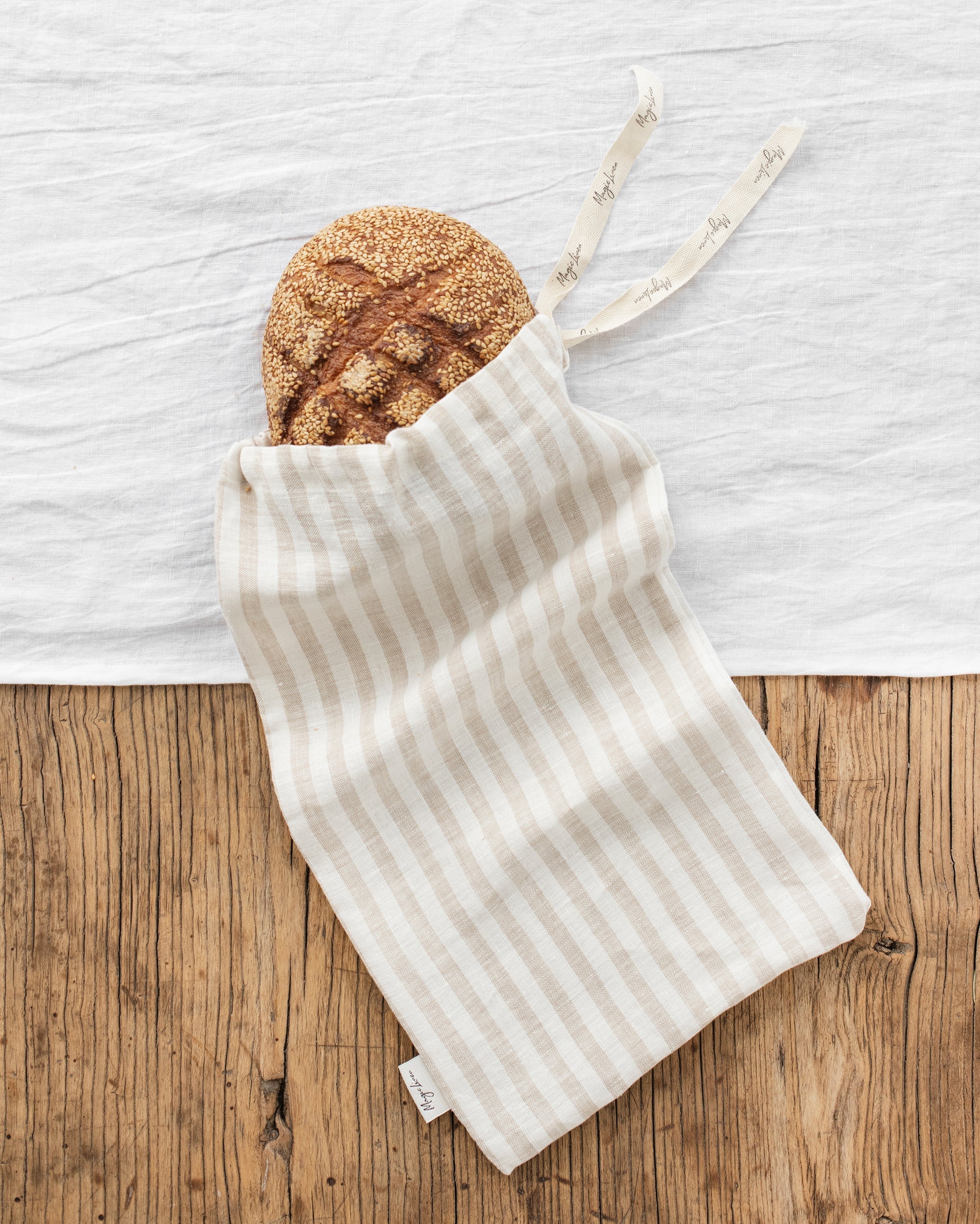 Line Beg Drawstring Linen Bread Bag | Kitchen Linens in Striped in natural ...