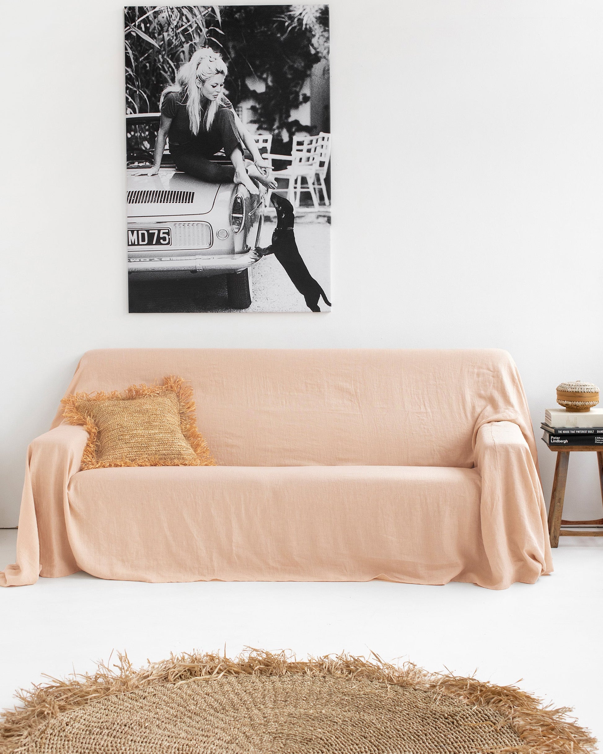Custom size linen couch cover in Peach - MagicLinen