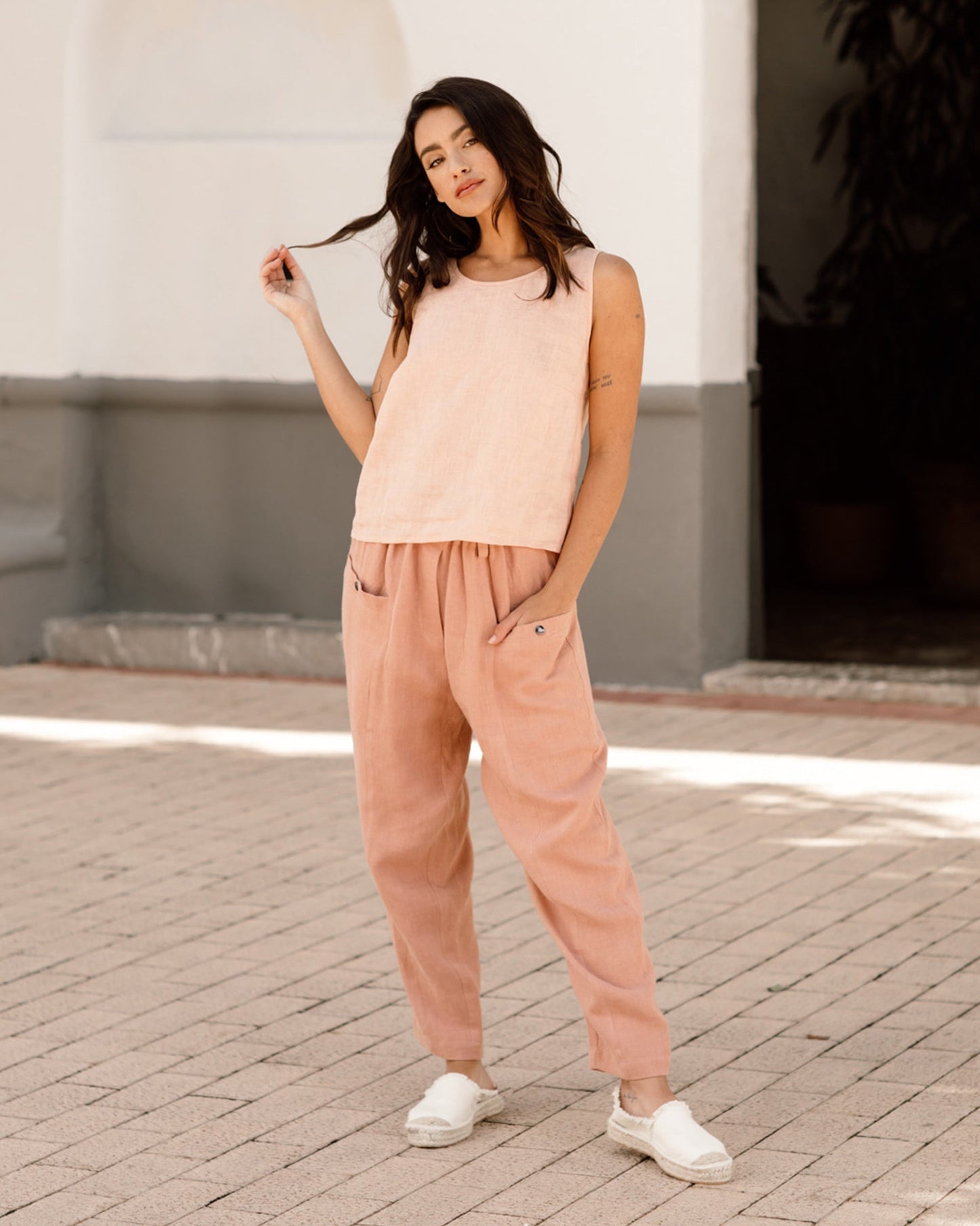 Linen crop top ITHAKA in peach - MagicLinen