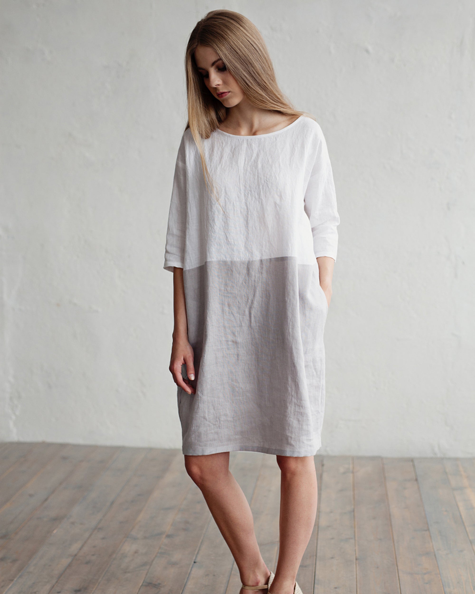 White And Gray Linen Dress Adria in white-gray | MagicLinen