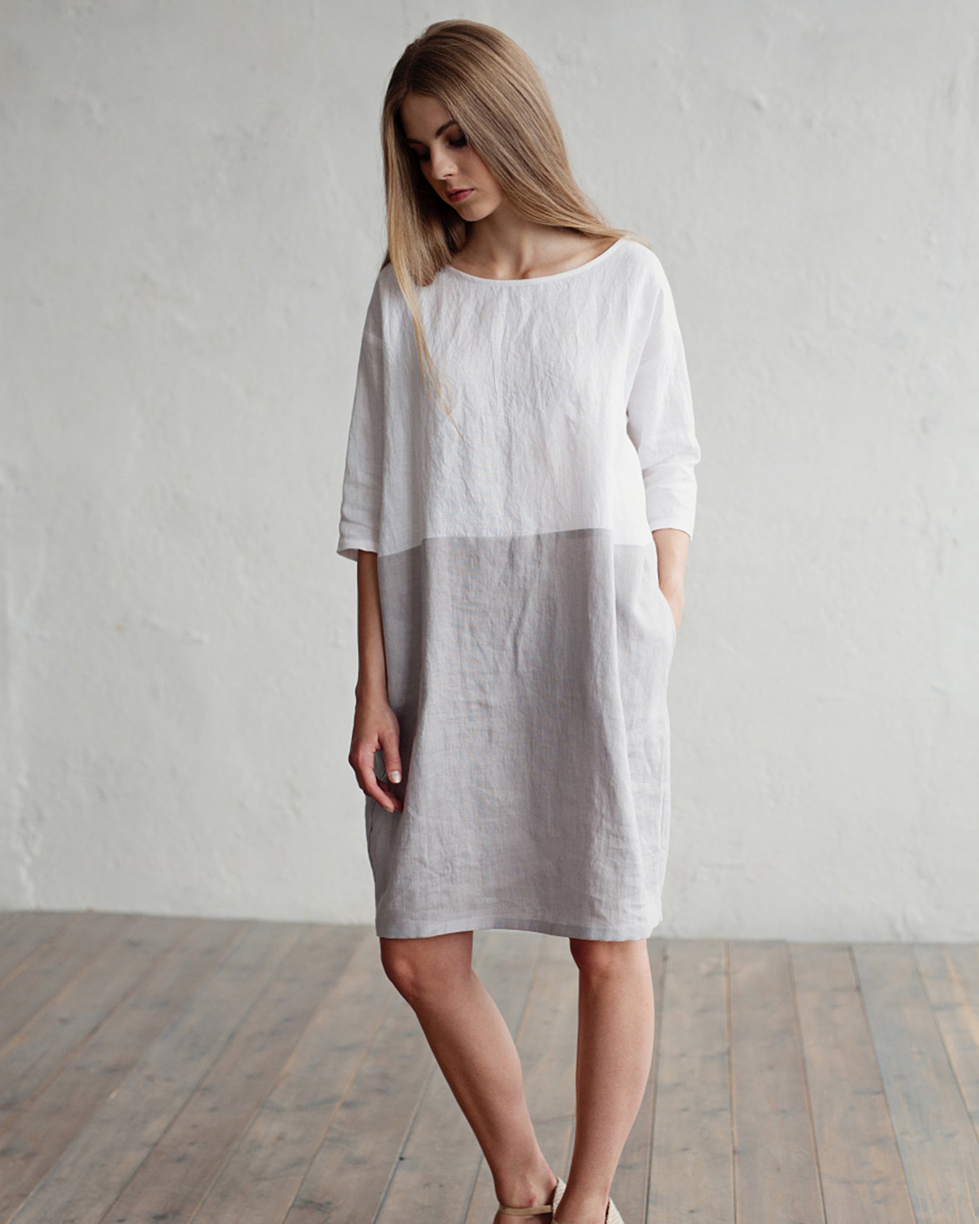 White And Gray Linen Dress Adria in white-gray