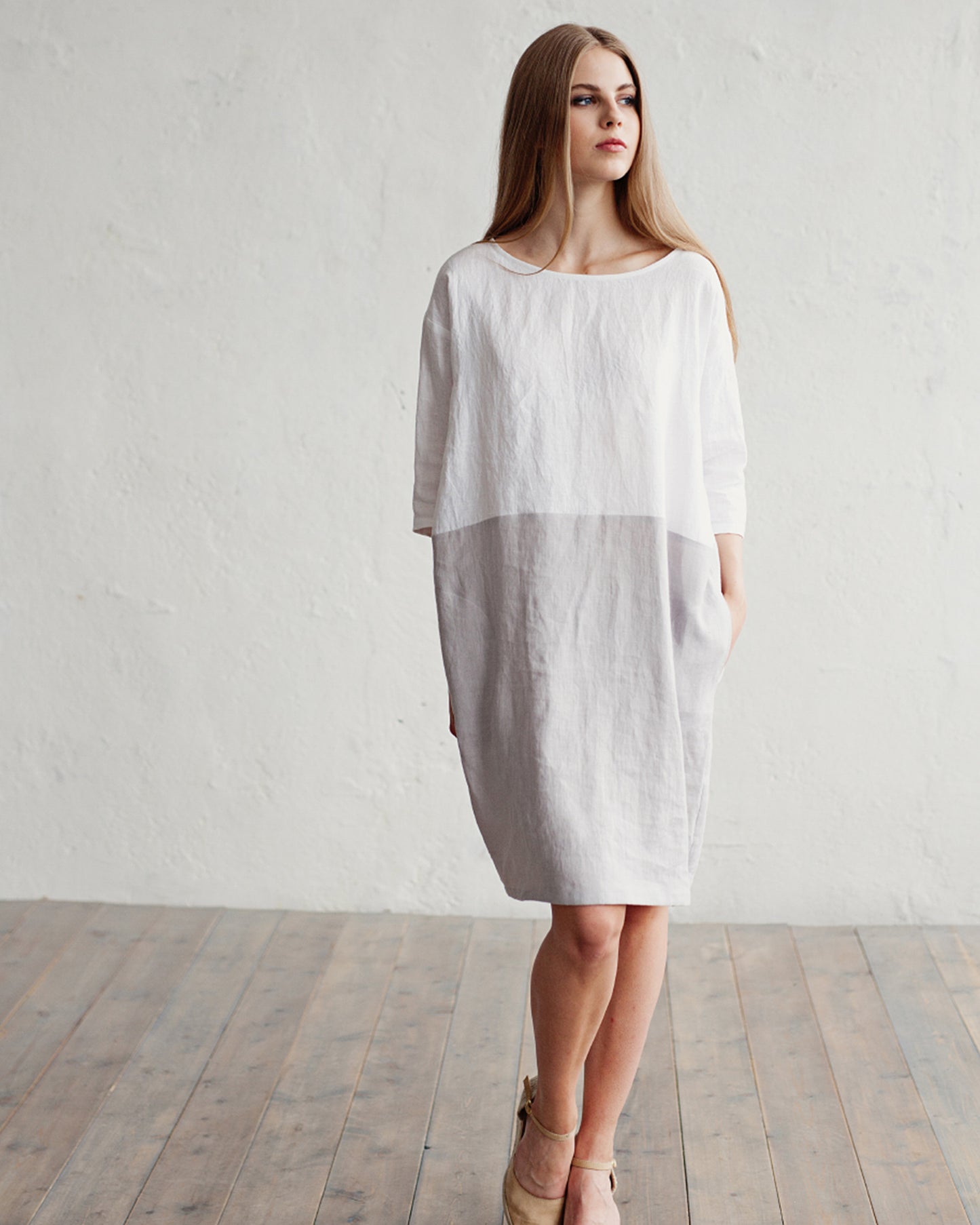 Color-block linen dress ADRIA in white-gray - MagicLinen