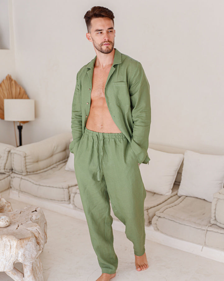 Men's linen pajama set VIGO in Forest green - MagicLinen