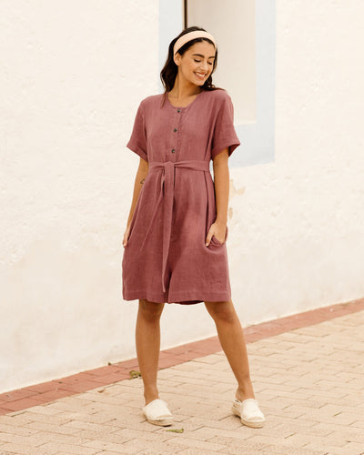 Linen romper AVALON with short sleeves in plum - MagicLinen