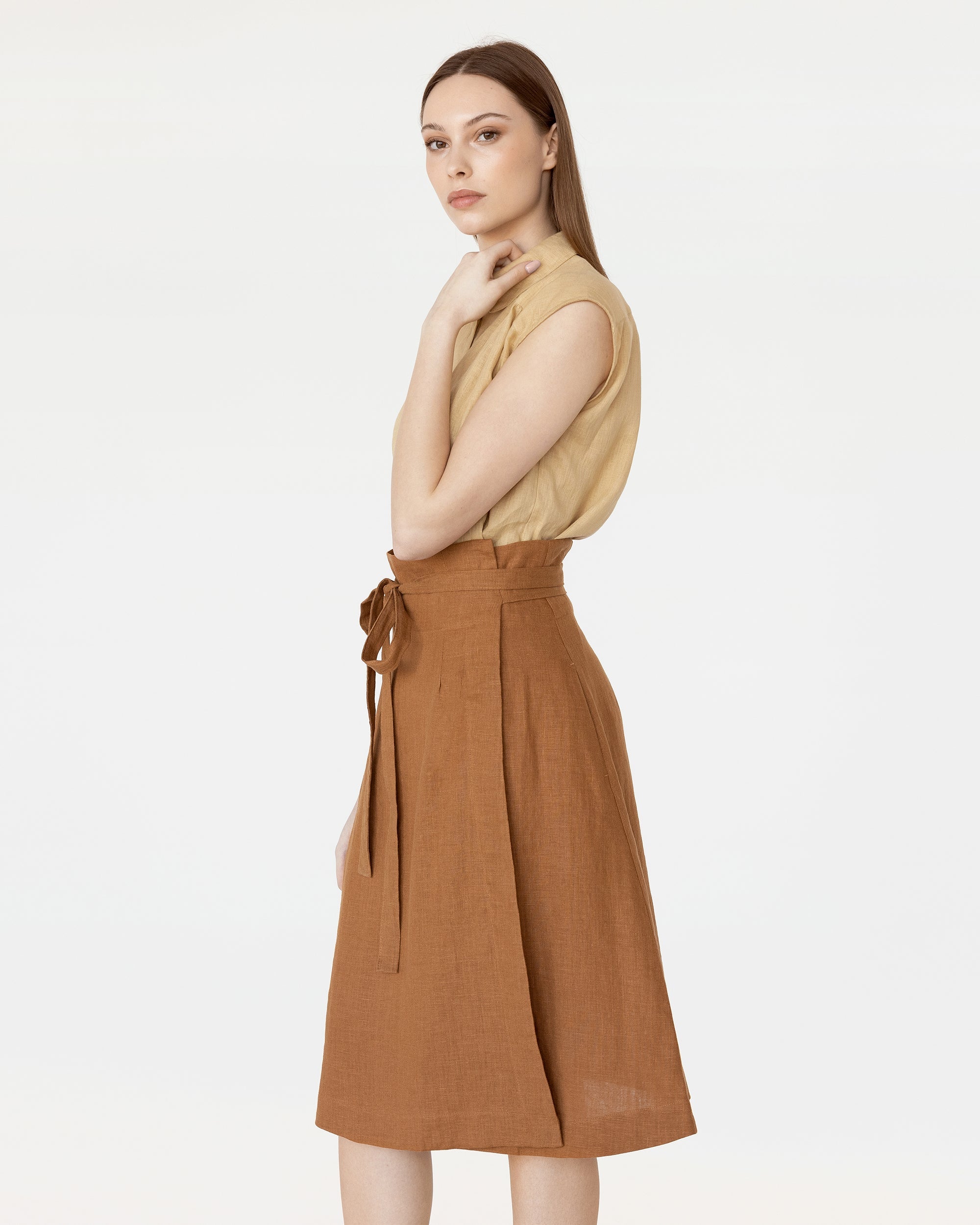 High-Waisted Linen Wrap Skirt in Cinnamon | MagicLinen