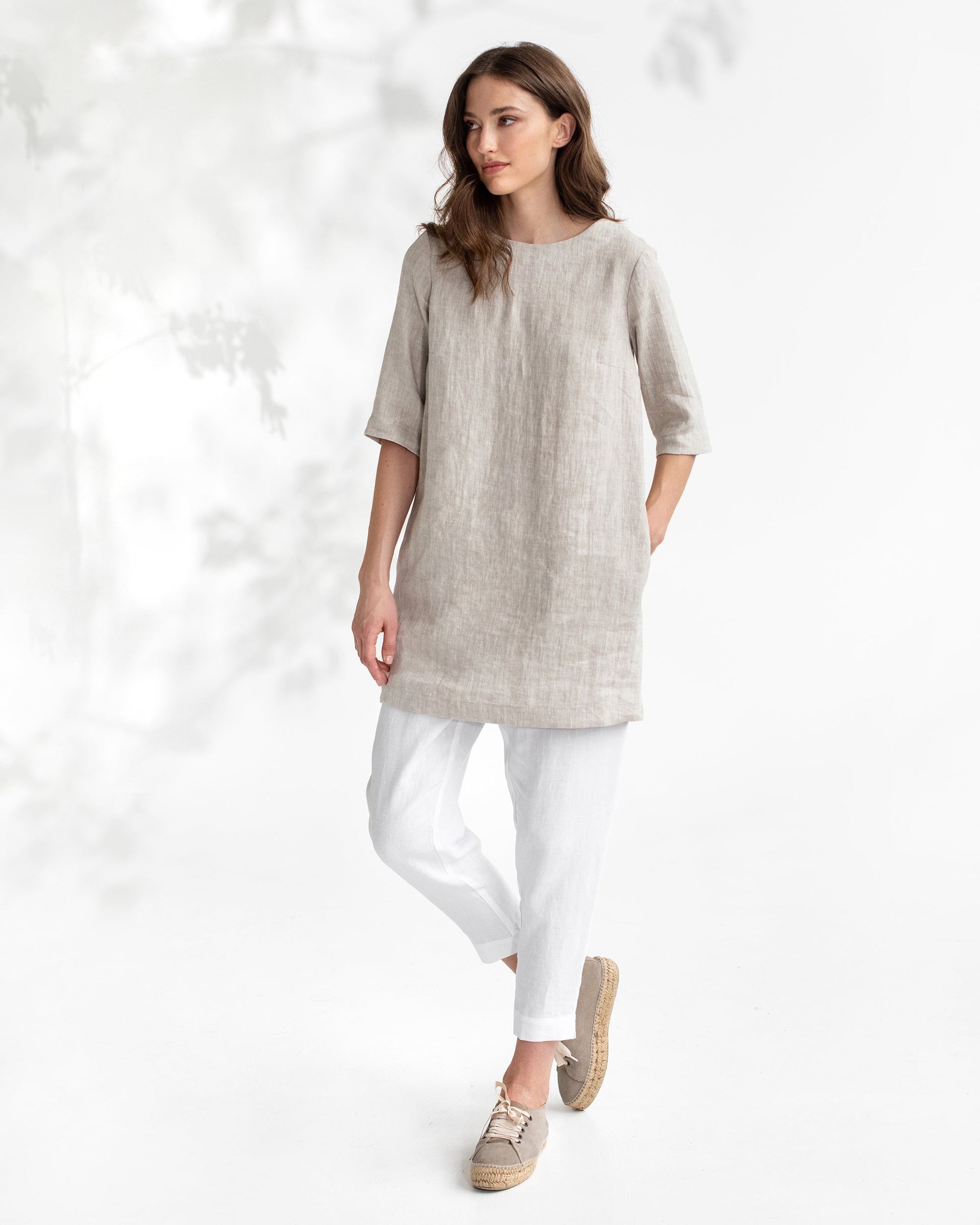 Tunic dress linen natural white for autumn and winter