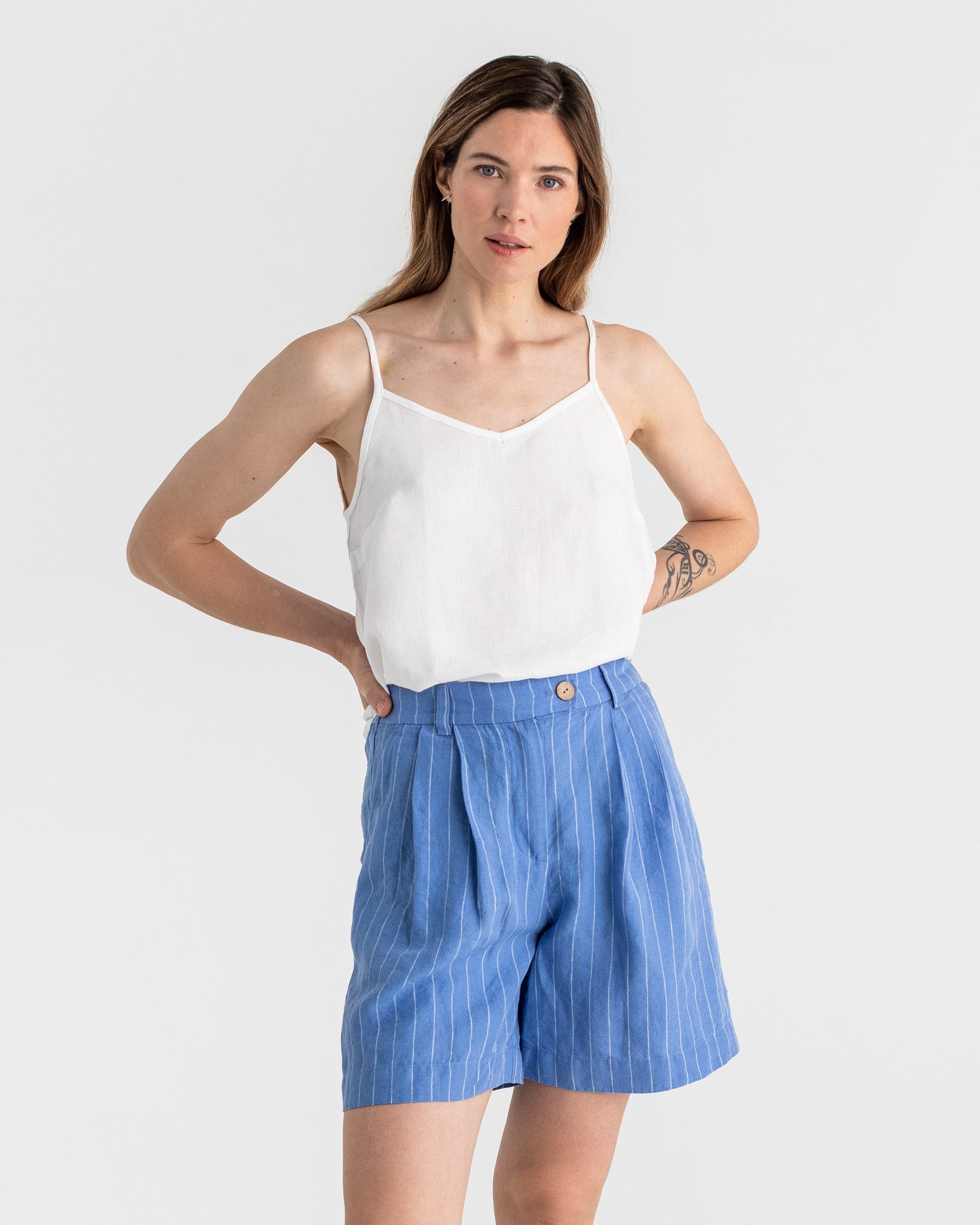 Pleated linen shorts BAGAN in Blue stripes - MagicLinen modelBoxOn
