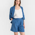 Pleated linen shorts BAGAN in Cobalt blue - MagicLinen modelBoxOn