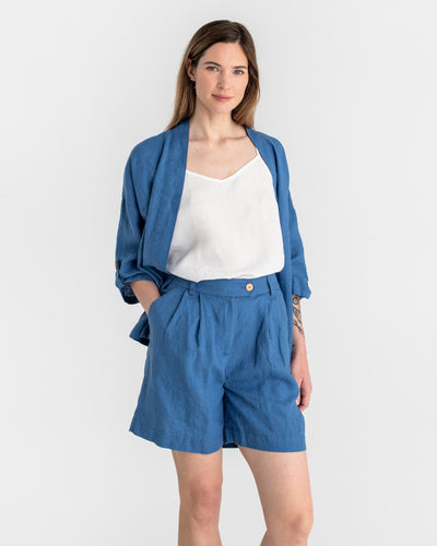 Pleated linen shorts BAGAN in Cobalt blue - MagicLinen modelBoxOn