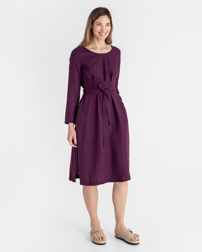 Long sleeve linen wrap dress BIEI in Royal purple - MagicLinen modelBoxOn