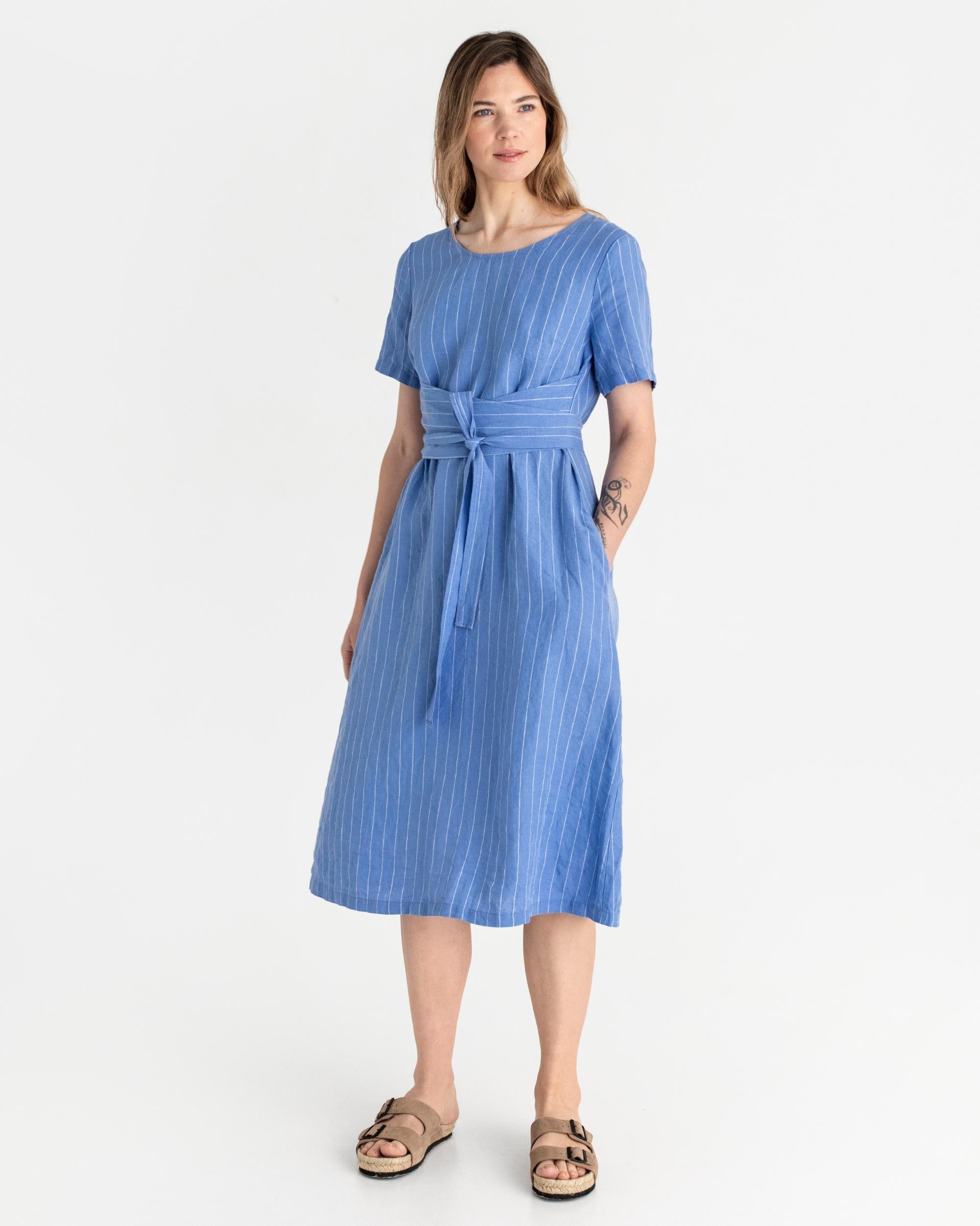 Midi wrap linen dress MANILA in Blue stripes | MagicLinen