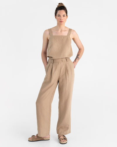 Women's Dressy Casual Wide Leg Solid Cotton Linen Pants Side Slit