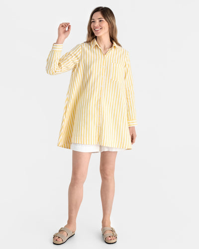 Long linen shirt WANAKA in Yellow stripes - MagicLinen modelBoxOn