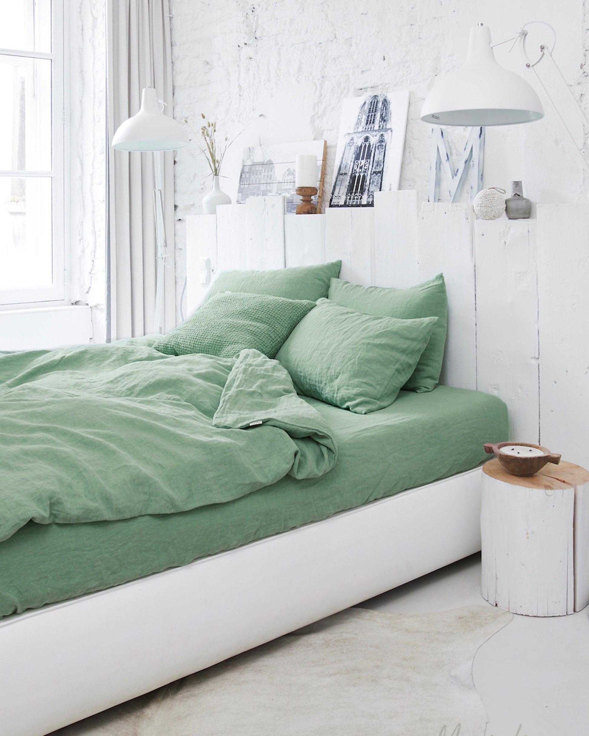 Custom size Matcha green linen fitted sheet - MagicLinen