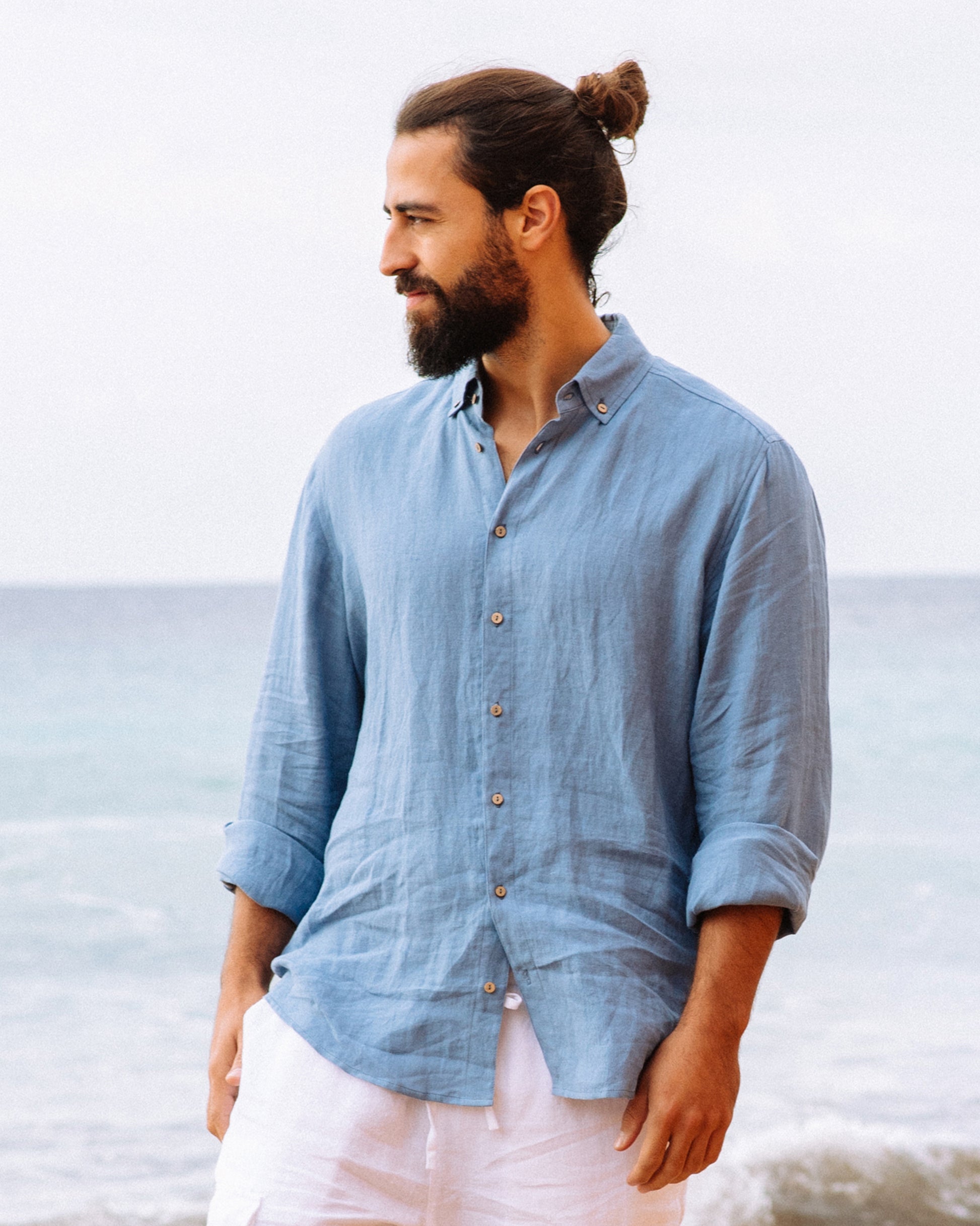 Men's linen shirt NEVADA in Ocean blue - MagicLinen