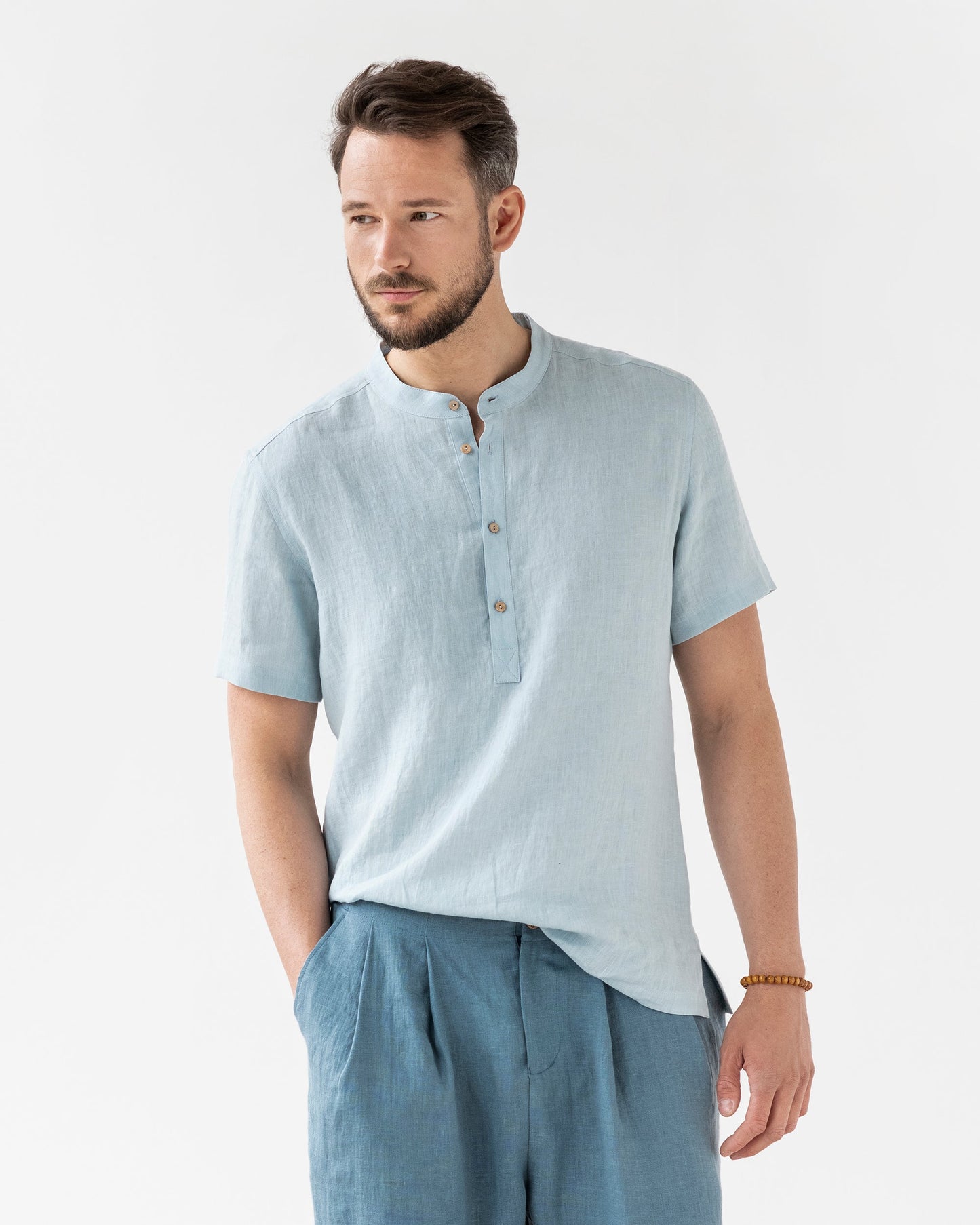 Short sleeve men's linen shirt PICTON in Dusty blue - MagicLinen