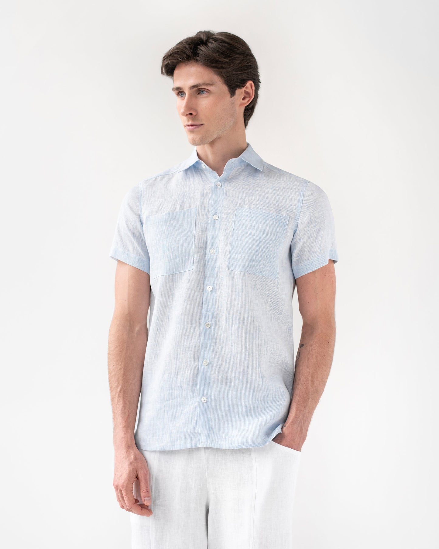 Short sleeves linen shirt PORTLAND in pinstripe blue - MagicLinen