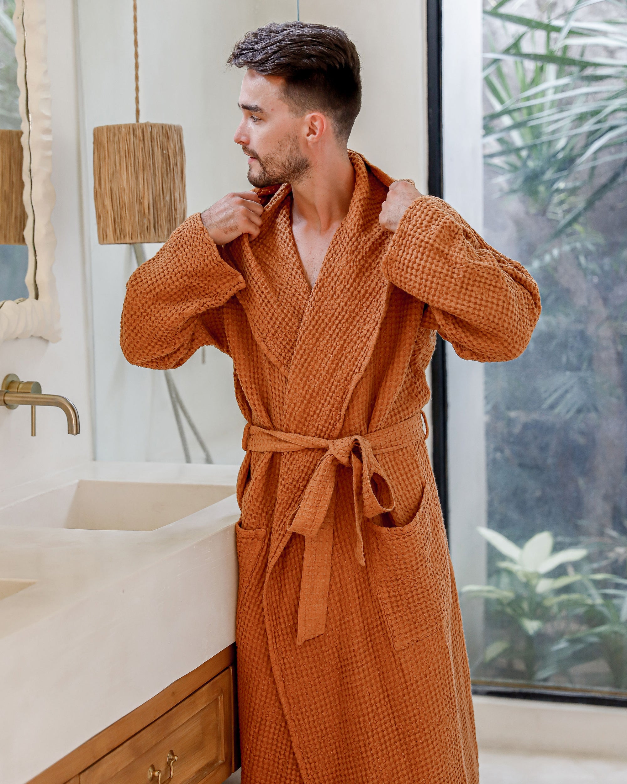 MOON linen bathrobe. Unisex waffle outlets linen bathrobe. Hooded robe.