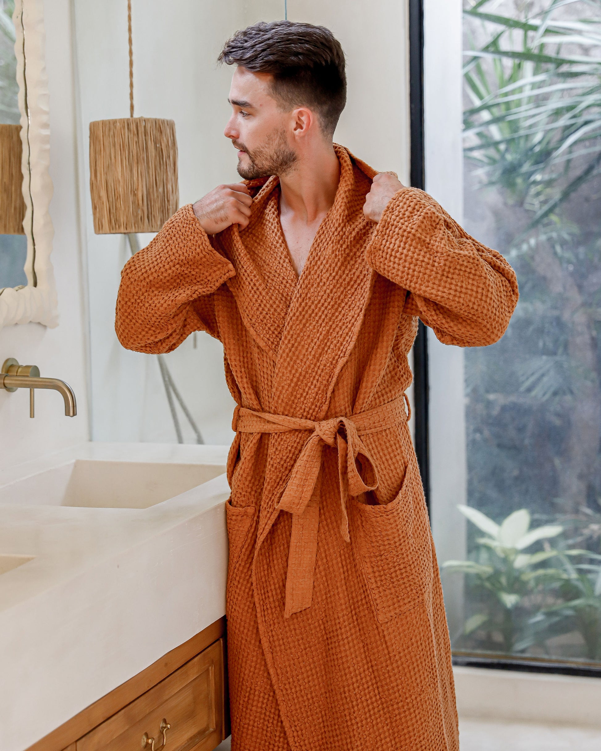 Men's waffle linen robe in Cinnamon - MagicLinen