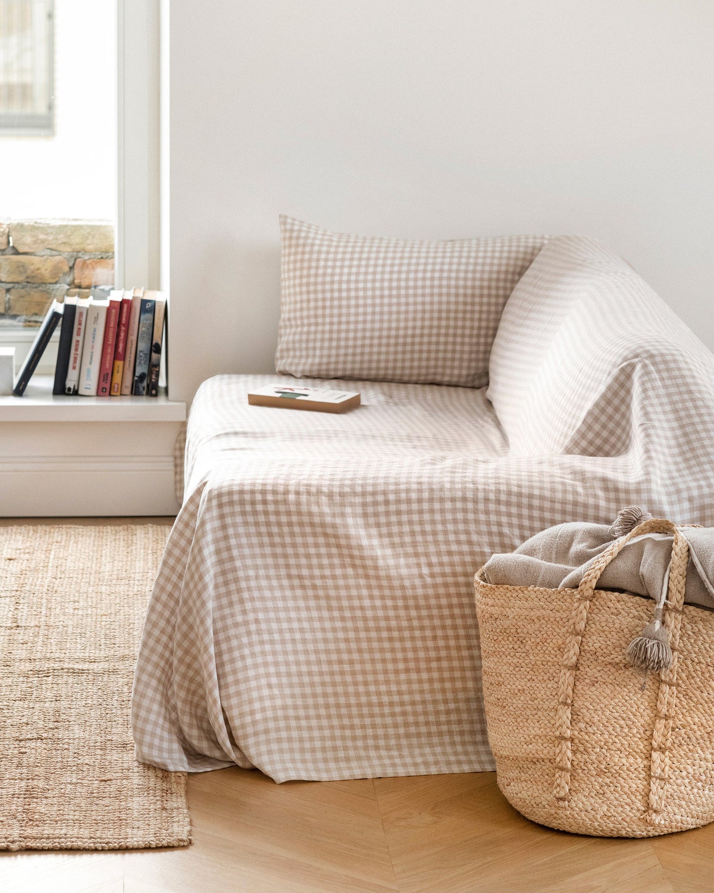 Custom size linen couch cover in Natural gingham - MagicLinen