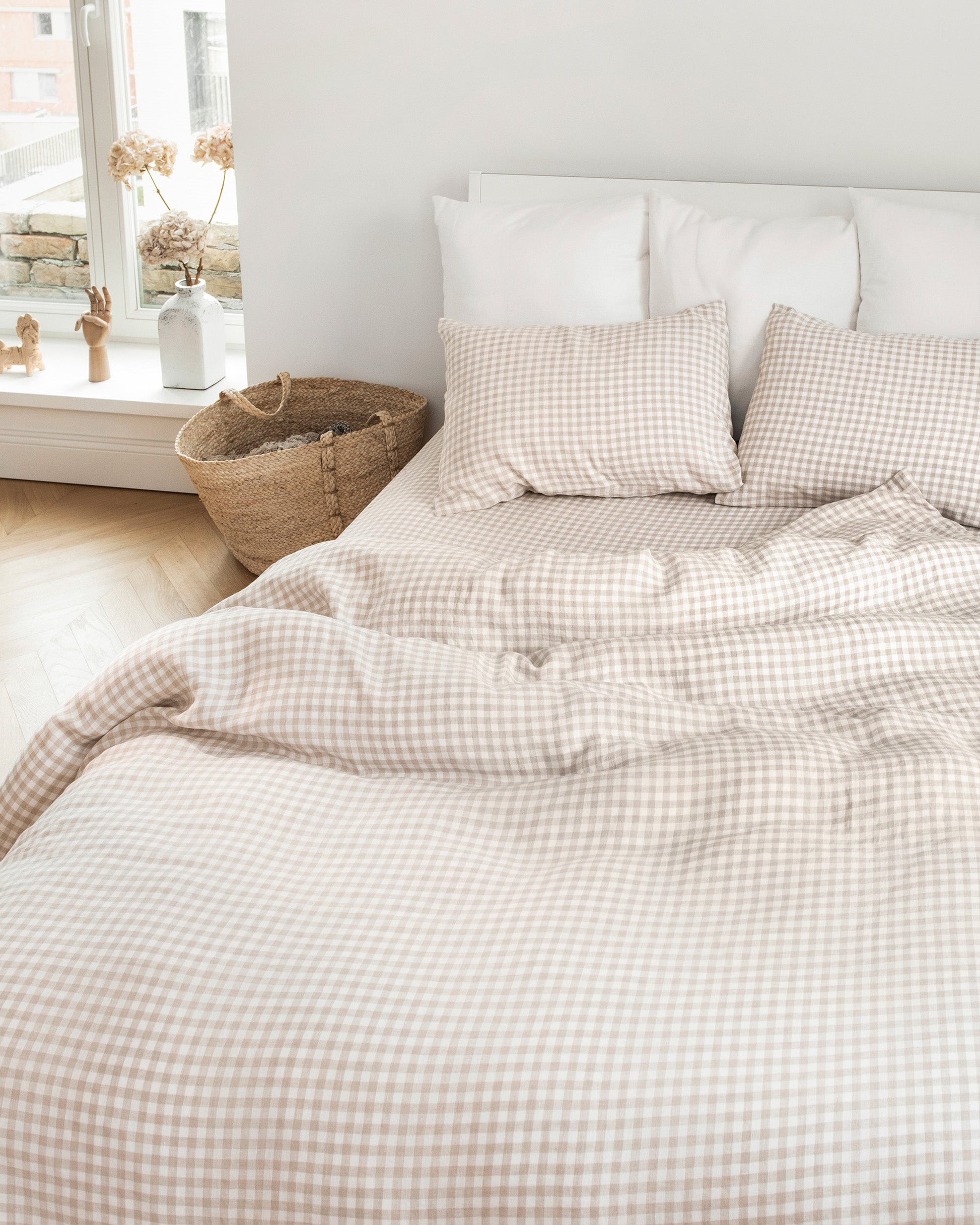Custom size Natural gingham linen fitted sheet - MagicLinen