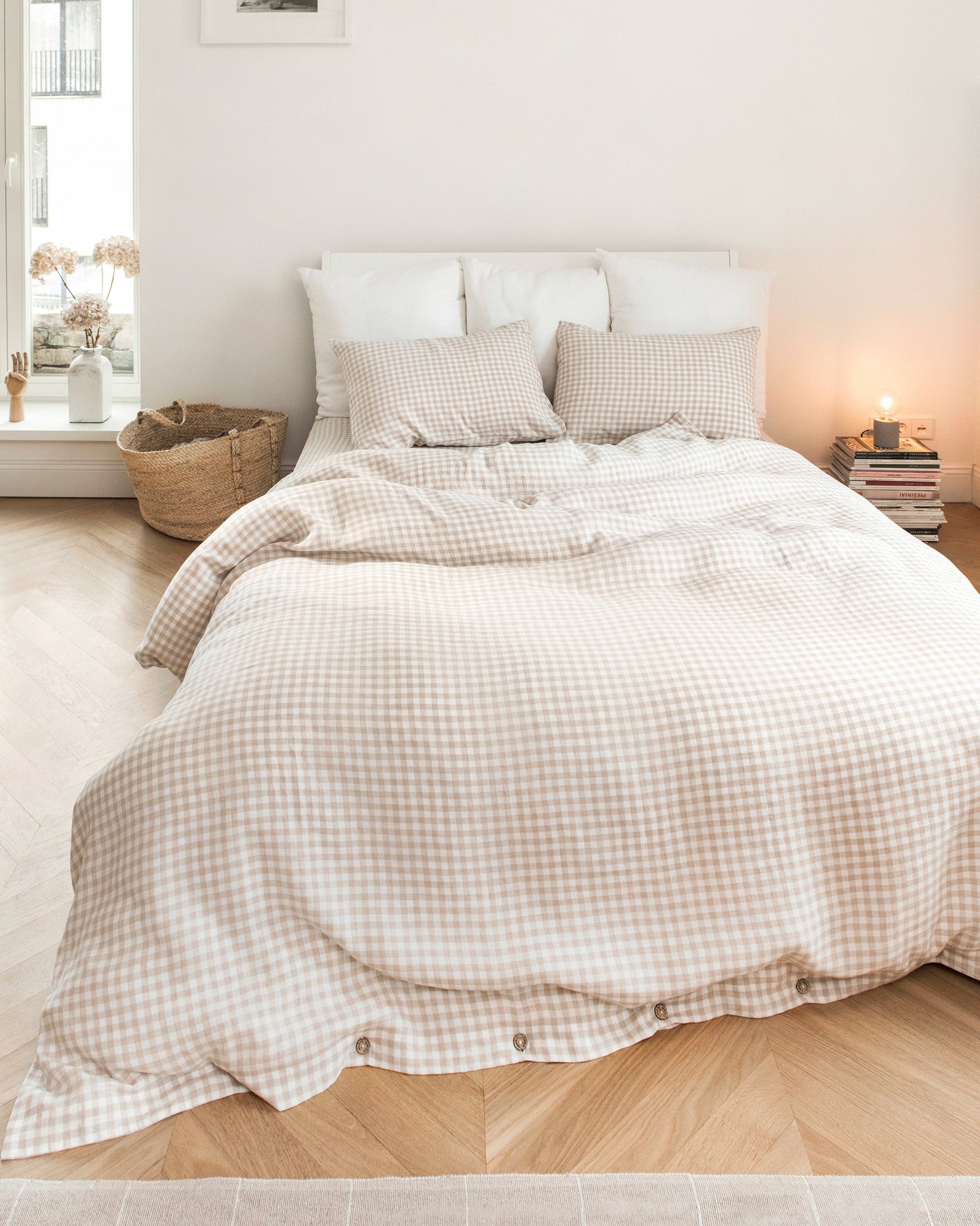 Custom size Natural gingham linen fitted sheet - MagicLinen