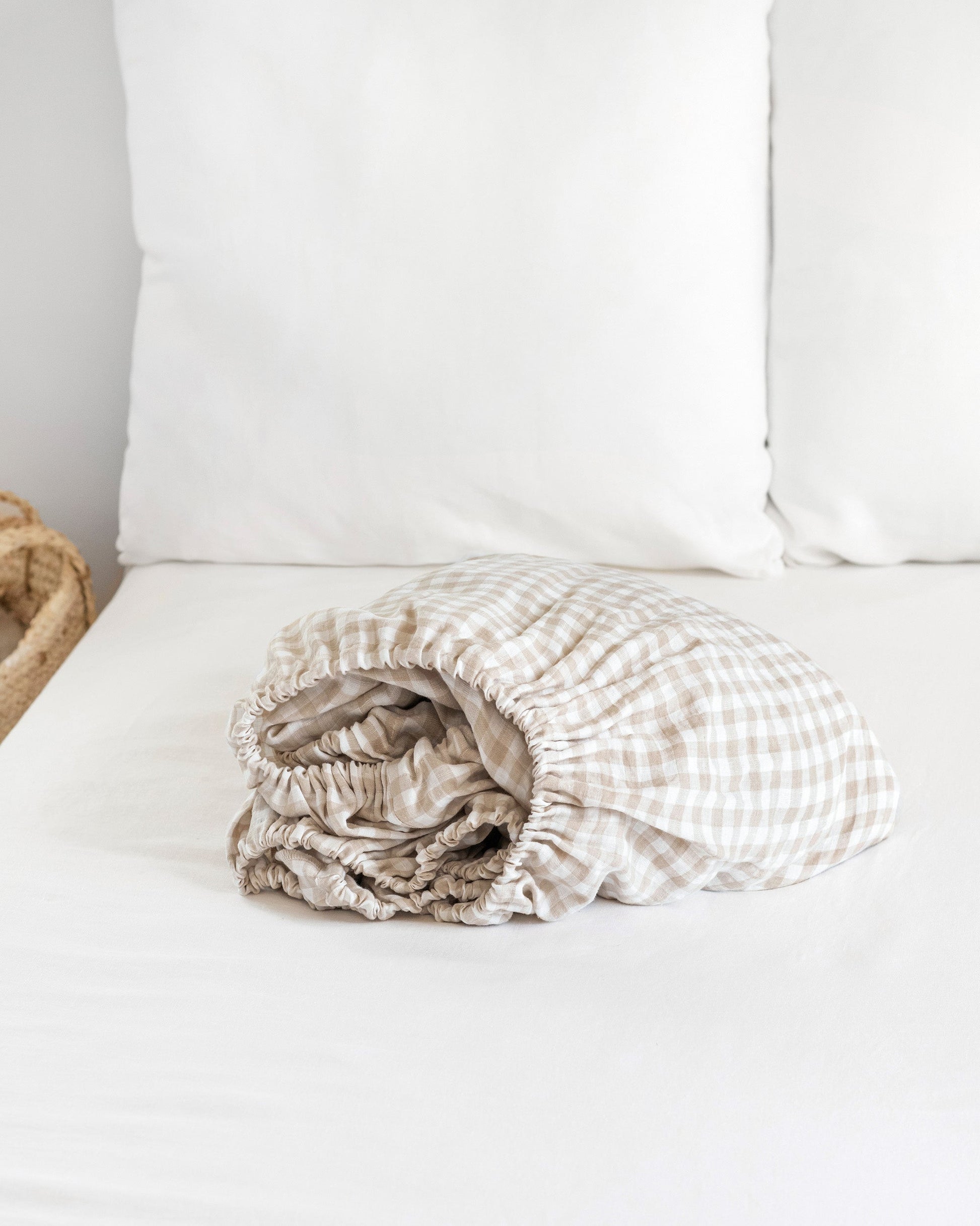 Custom size Natural gingham linen fitted sheet - MagicLinen