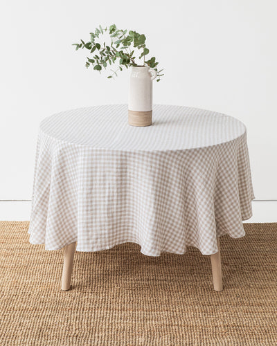 Custom size round linen tablecloth in Natural gingham - MagicLinen