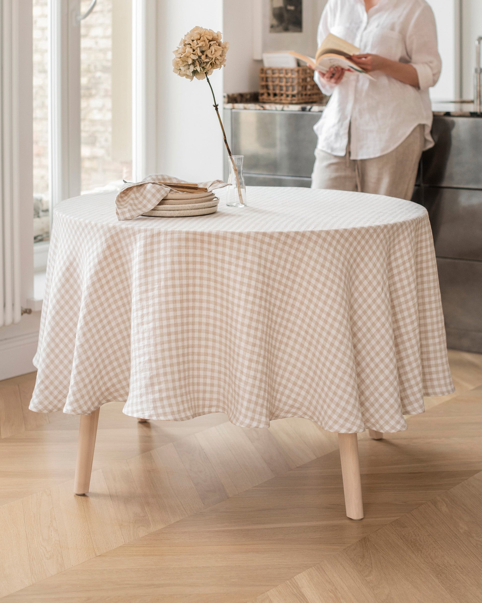 Custom size round linen tablecloth in Natural gingham - MagicLinen
