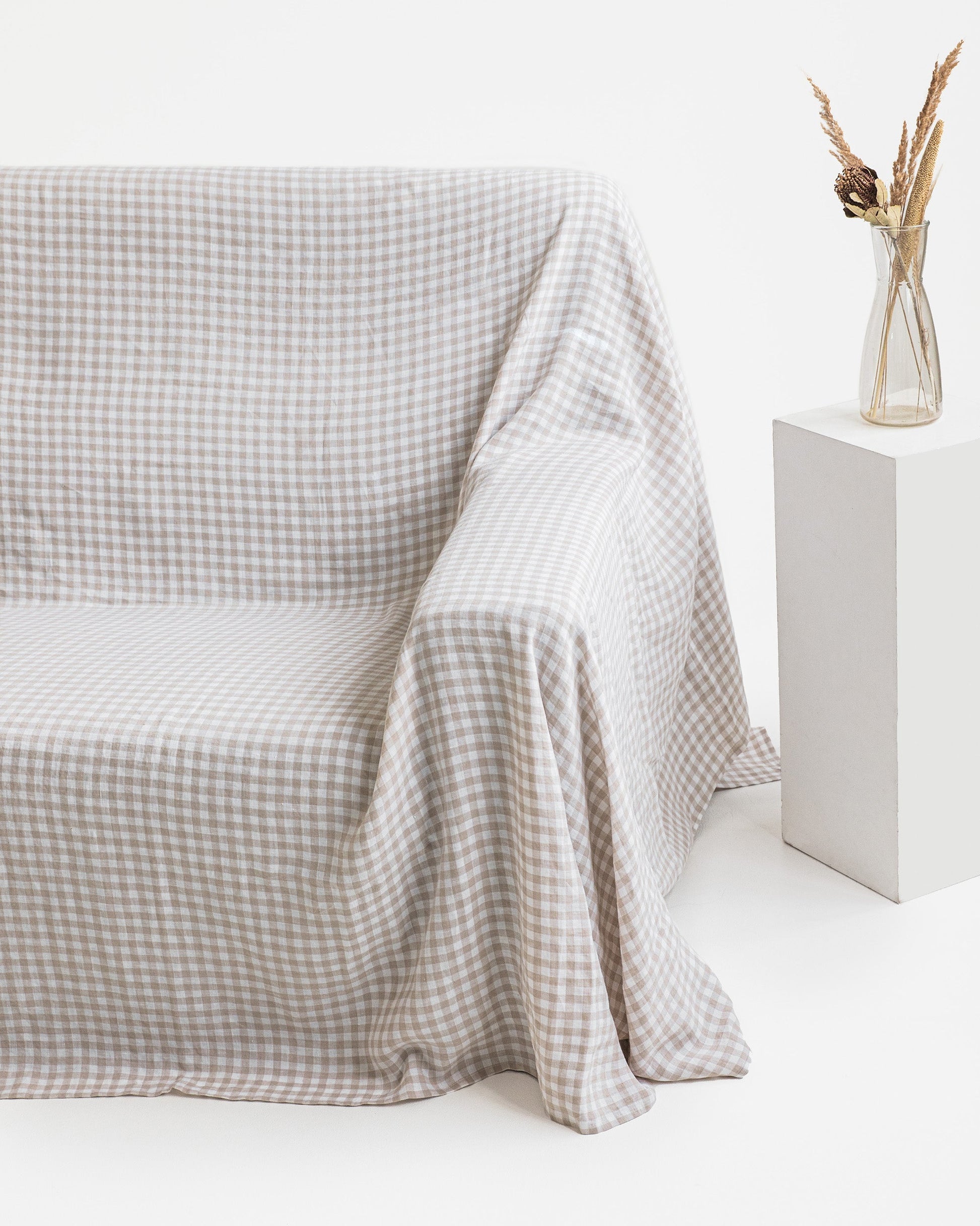 Custom size linen couch cover in Natural gingham - MagicLinen