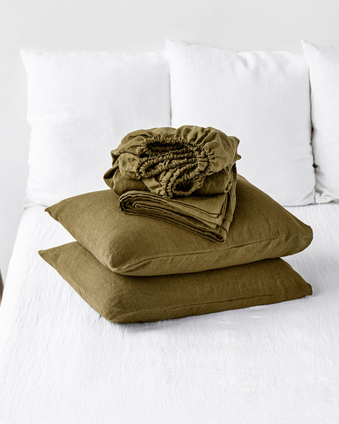 Chambray Olive Green Linen Bed Sheets Set, Chambray Linen Sheets for thick  mattress