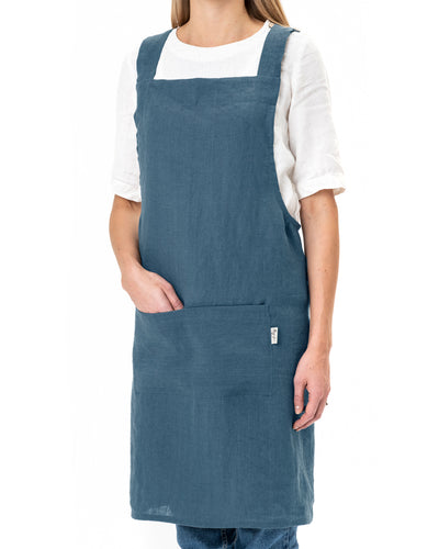 Pinafore cross-back linen apron in Gray blue - MagicLinen