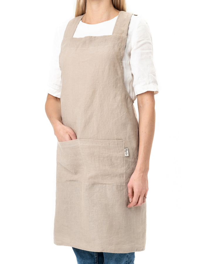 Pinafore cross-back linen apron in Natural linen - MagicLinen