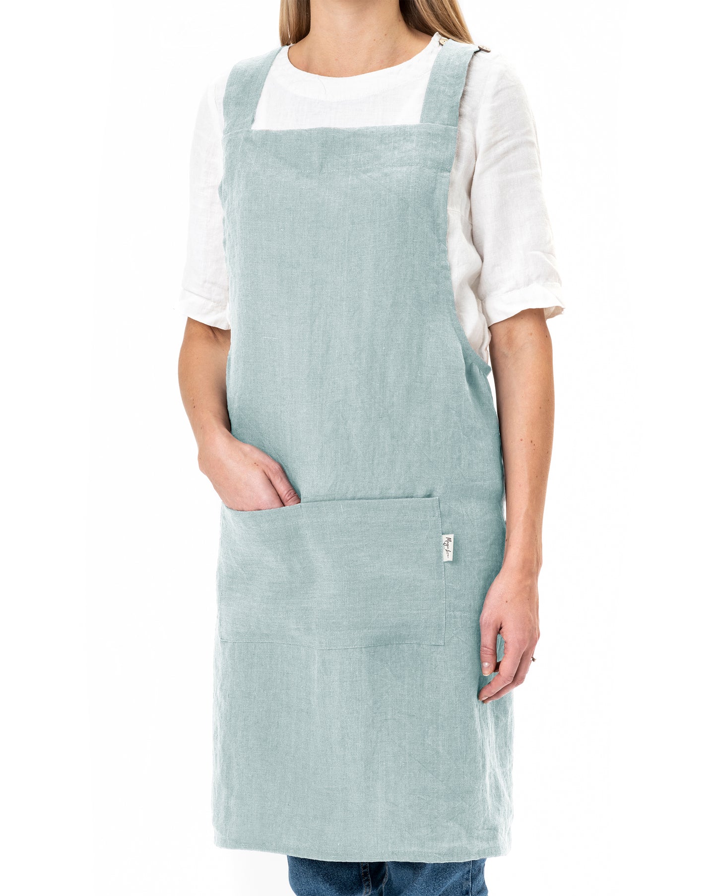 Pinafore cross-back linen apron in Dusty blue - MagicLinen