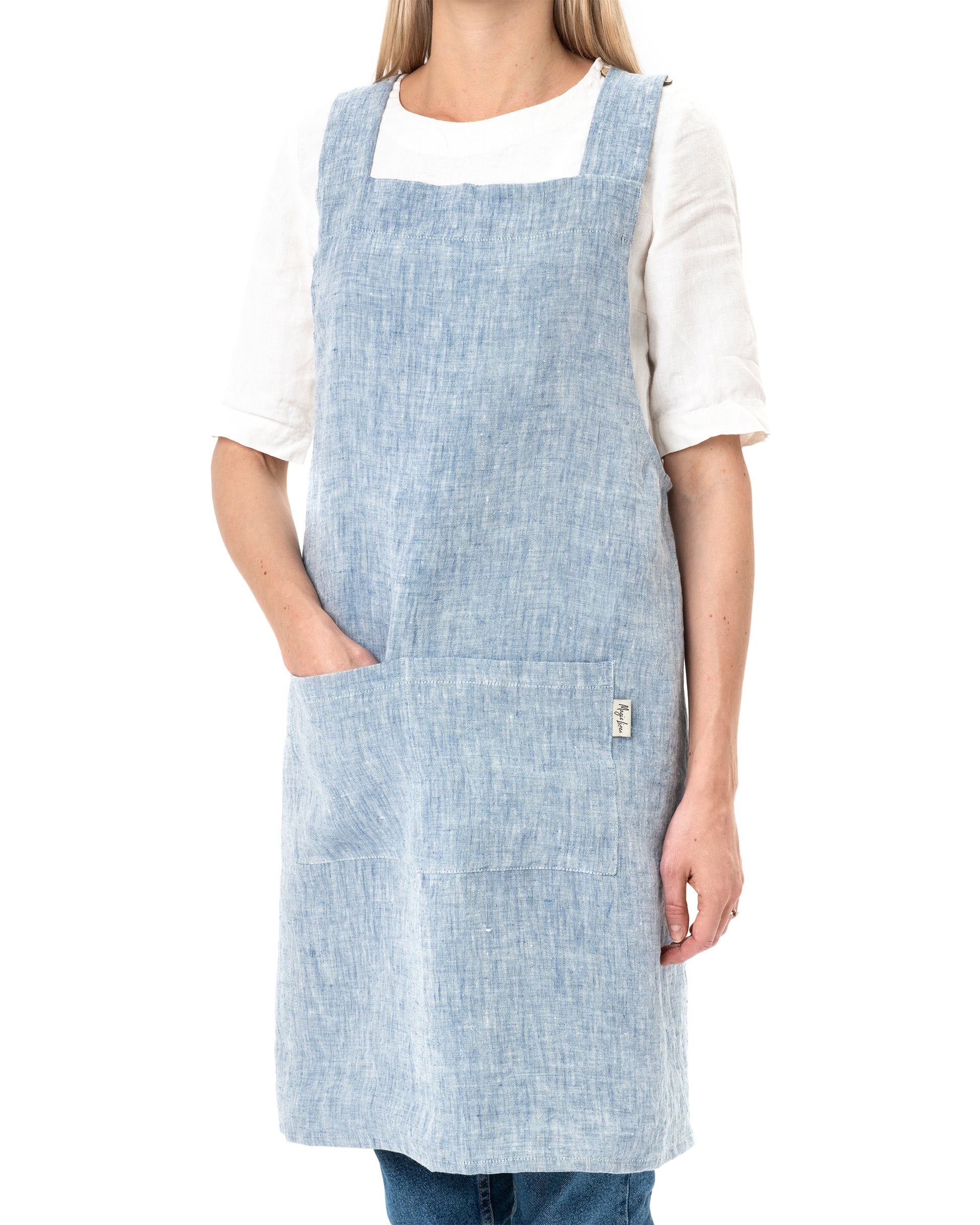 Pinafore cross-back linen apron in Blue melange - MagicLinen