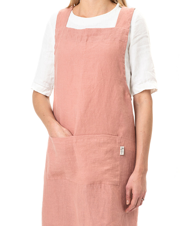 Pinafore cross-back linen apron in Rust pink - MagicLinen