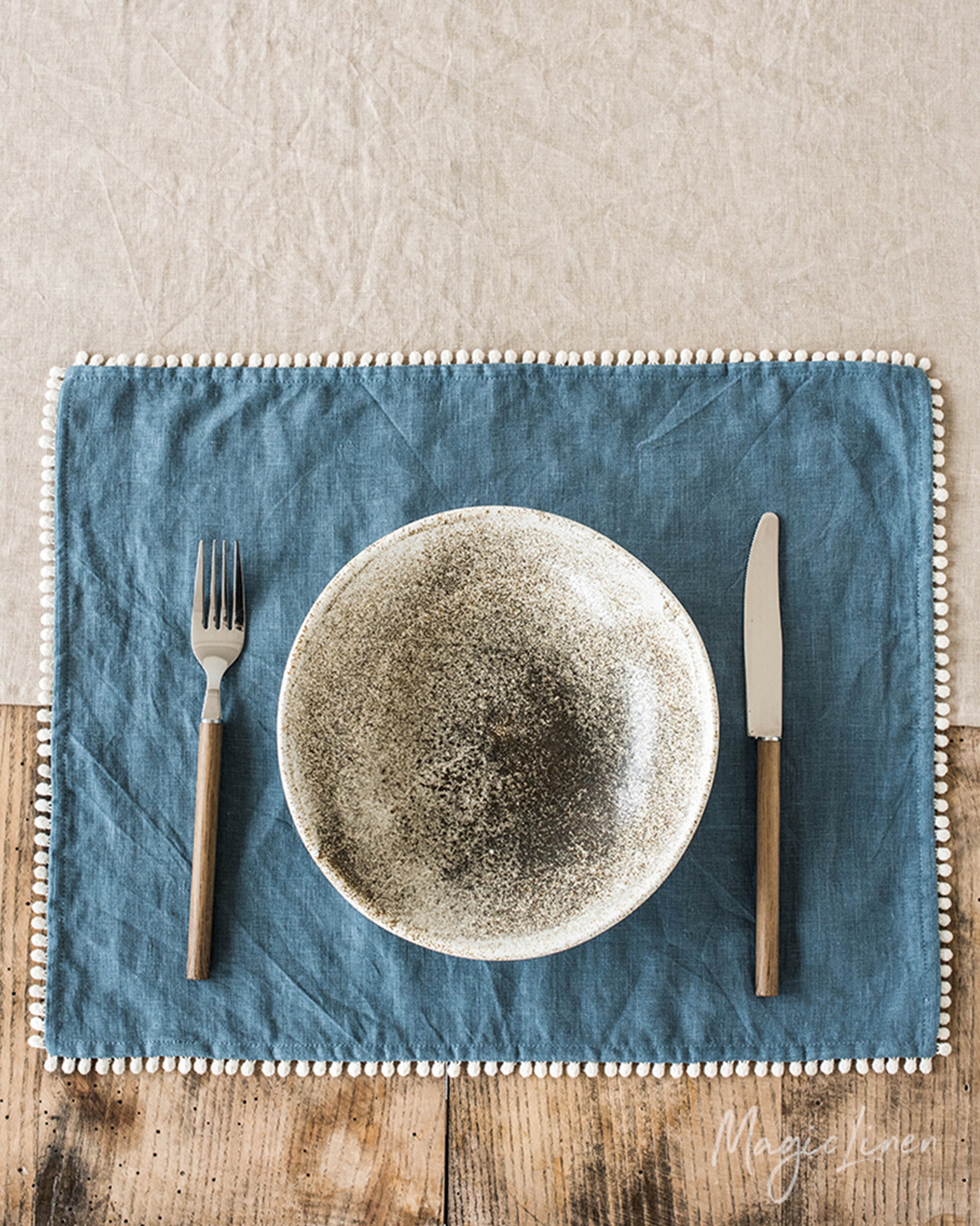 Pom pom trim linen placemat set of 2 in Gray blue - MagicLinen
