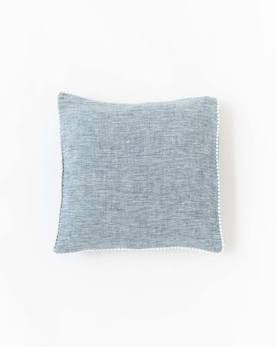 Cushion cover with pom poms in Blue melange - MagicLinen