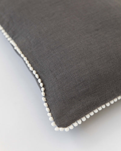 Pom pom trim linen pillowcase in Charcoal gray - MagicLinen