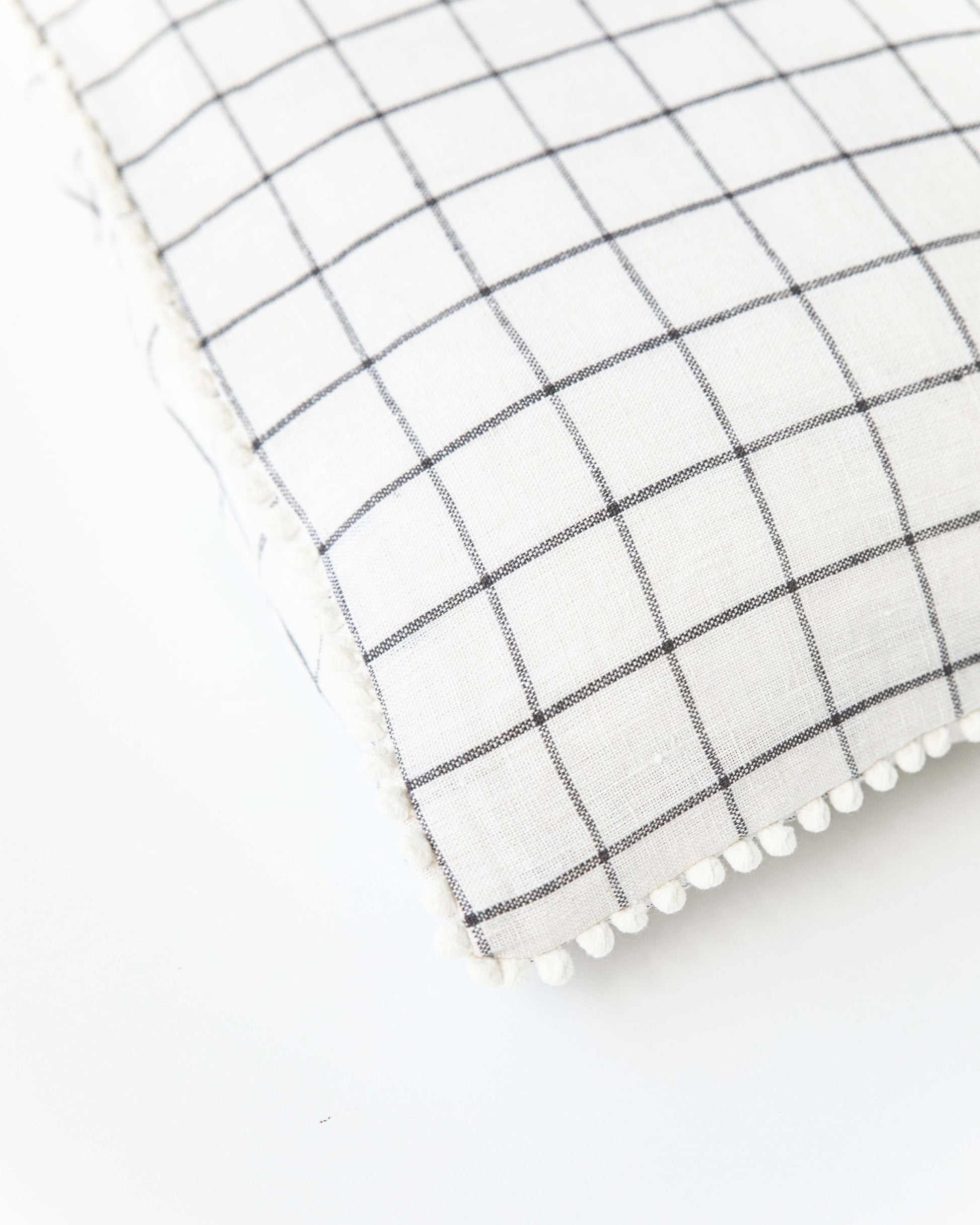 Pom pom trim linen pillowcase in Charcoal grid - MagicLinen