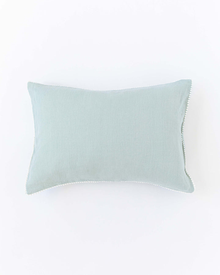 Pom pom trim linen pillowcase in Dusty Blue - MagicLinen