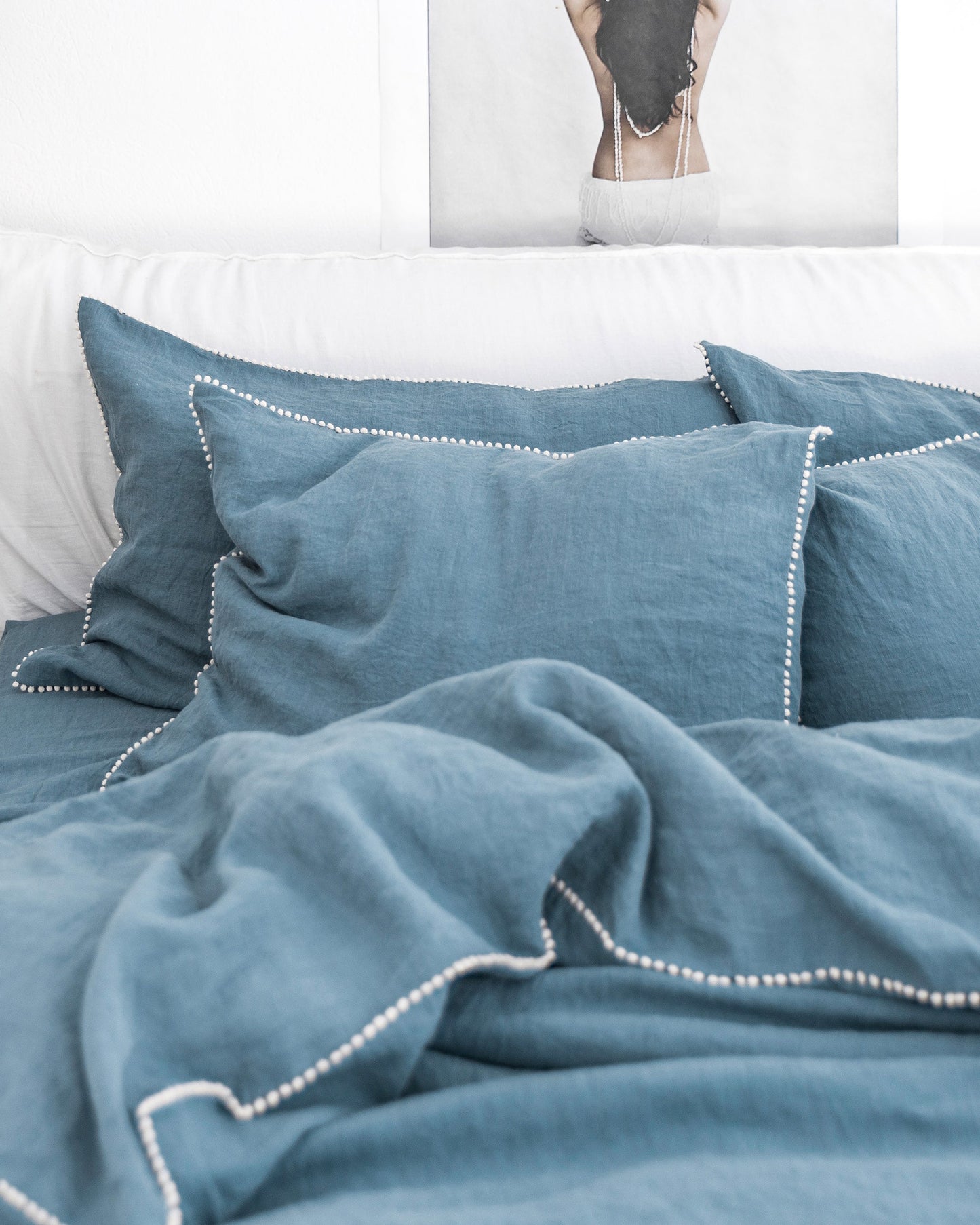 Pom pom trim linen pillowcase in Gray blue - MagicLinen
