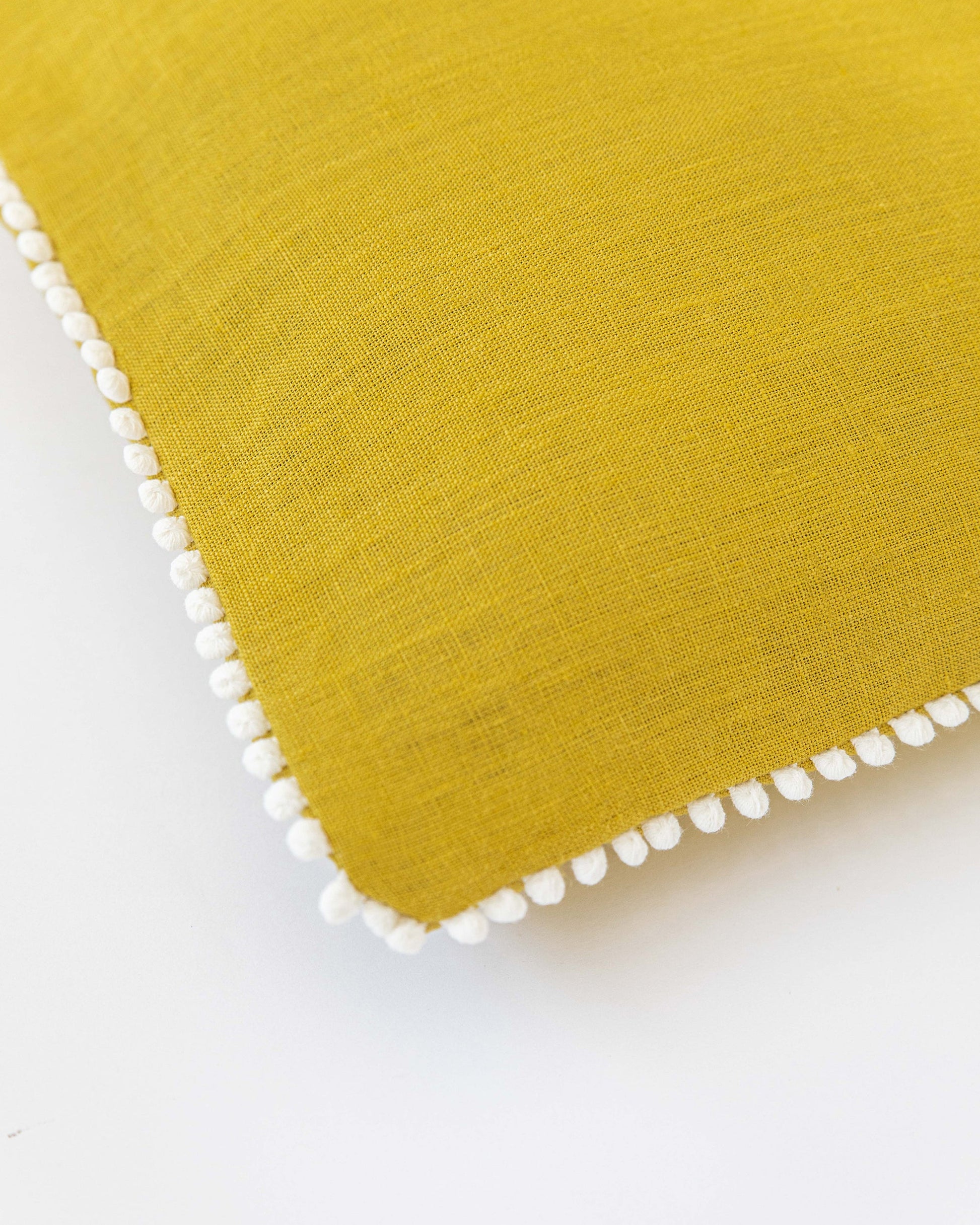 Pom pom trim linen pillowcase in Moss yellow - MagicLinen