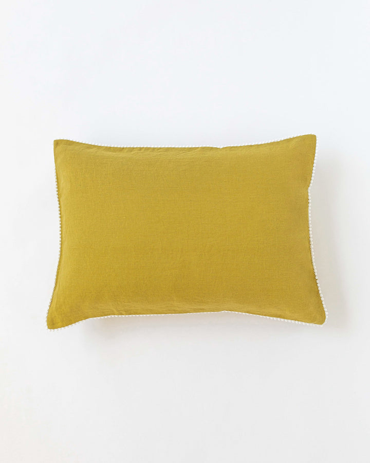Pom pom trim linen pillowcase in Moss yellow - MagicLinen