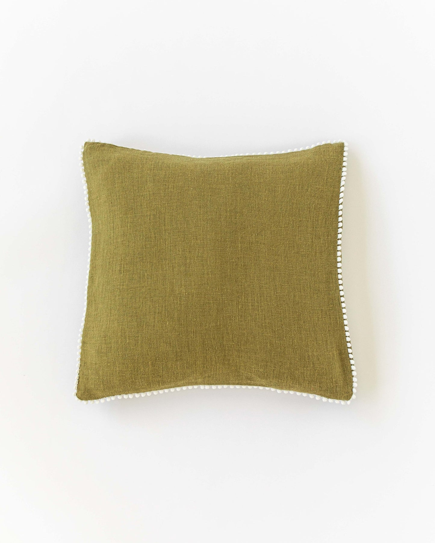 Pom pom trim linen pillowcase in Olive green - MagicLinen